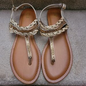 C&M Brown Sandals with Tan and Gold Braided Accents